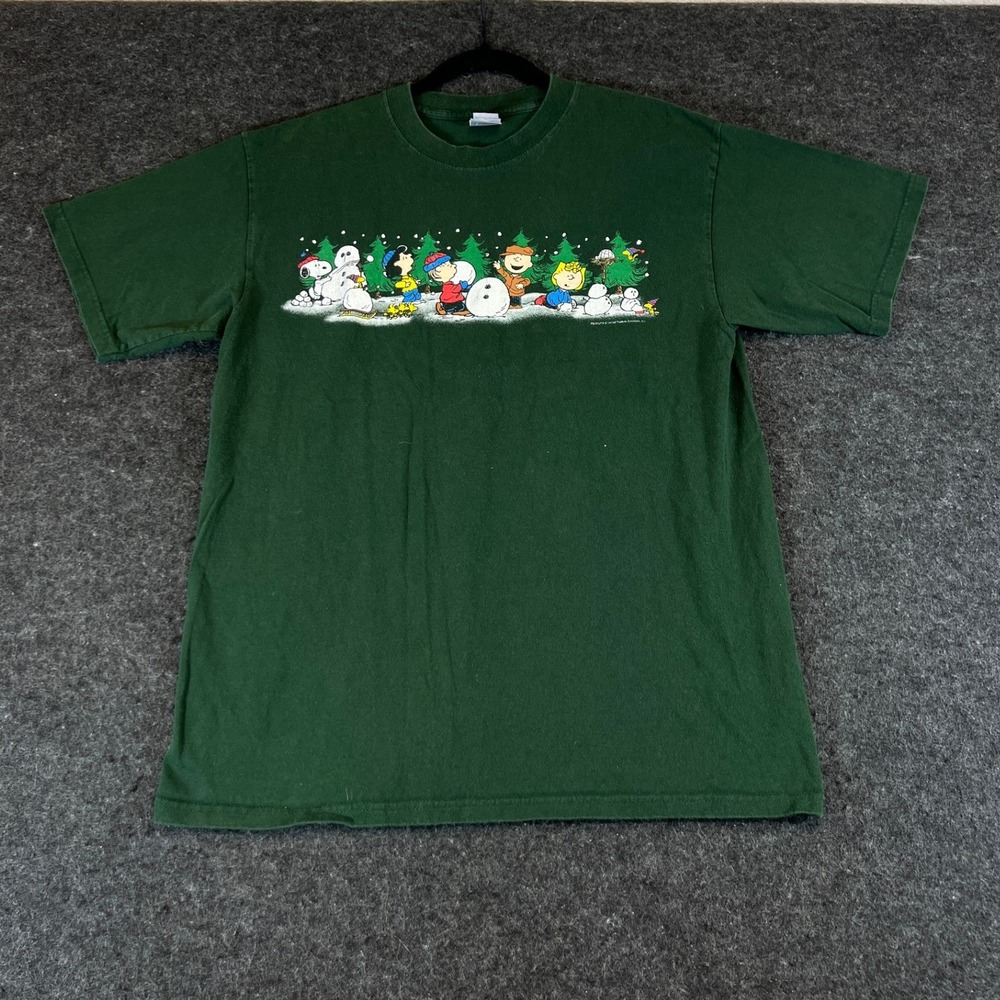 Vintage 90s Peanuts Snoopy Charlie Brown Christmas T-Shirt Green Mens Large